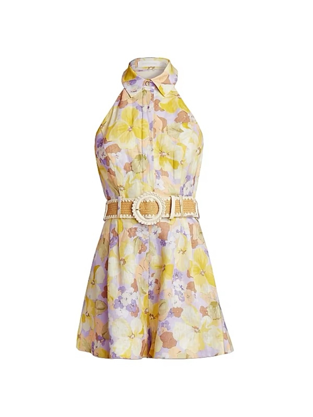 Zimmermann Floral Halter Romper with Woven Belt - Yellow Lavender